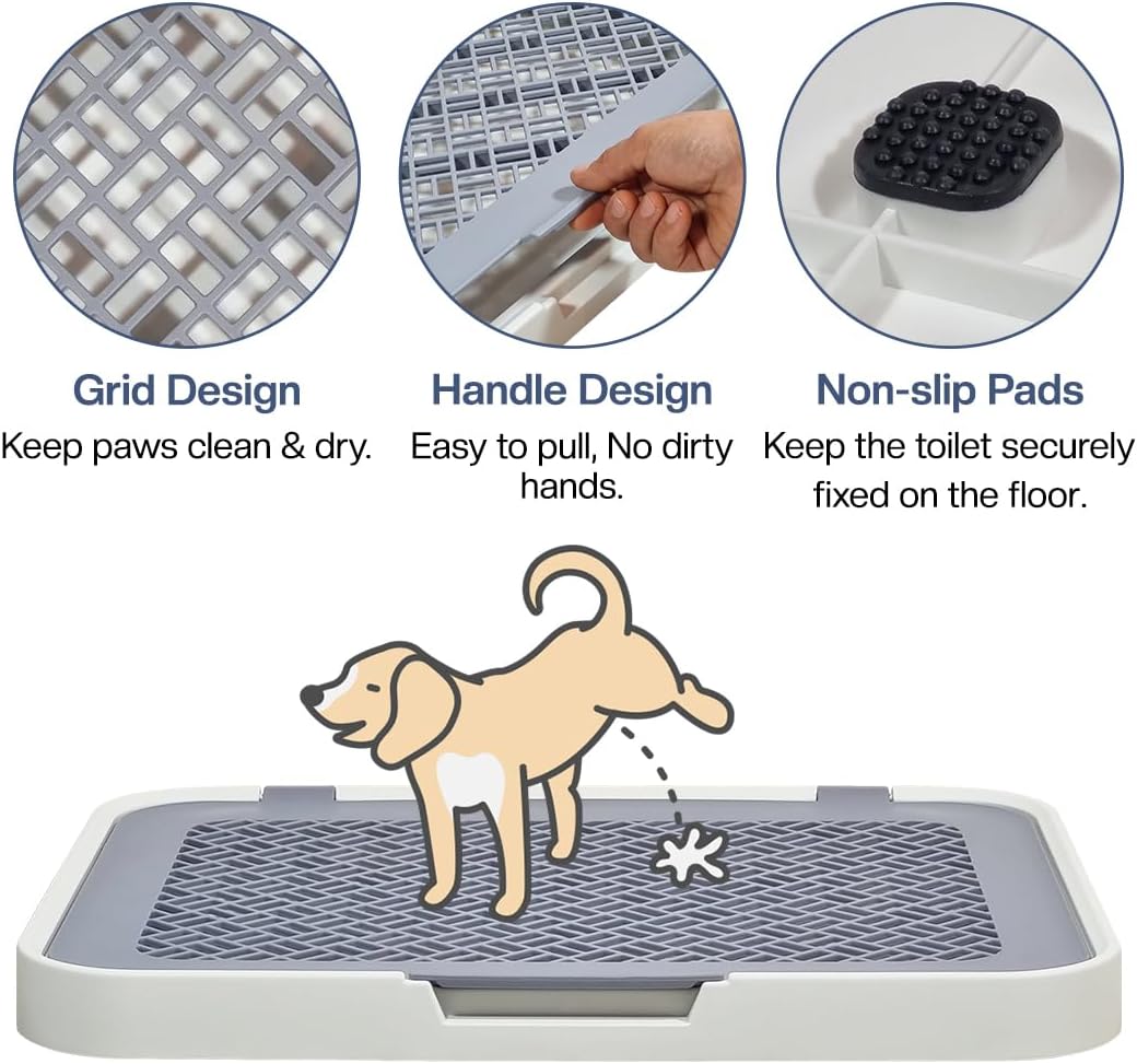 Flat dog toilet for small to medium dogs, Detachable dog training tray with Detachable grid pads holder, Handle design, and Non-slip base, Ideal for Indoor/Outdoor use, 50 cm