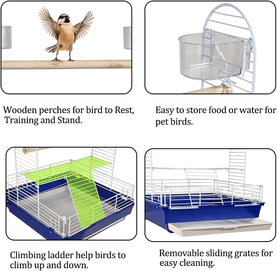 Bird stand for small to medium-sized birds, Interactive bird playground with Wooden perch, Plastic feeding cups, Climbing ladder, and Slide-out tray, Ideal for indoor and outdoor 46 cm (Blue)