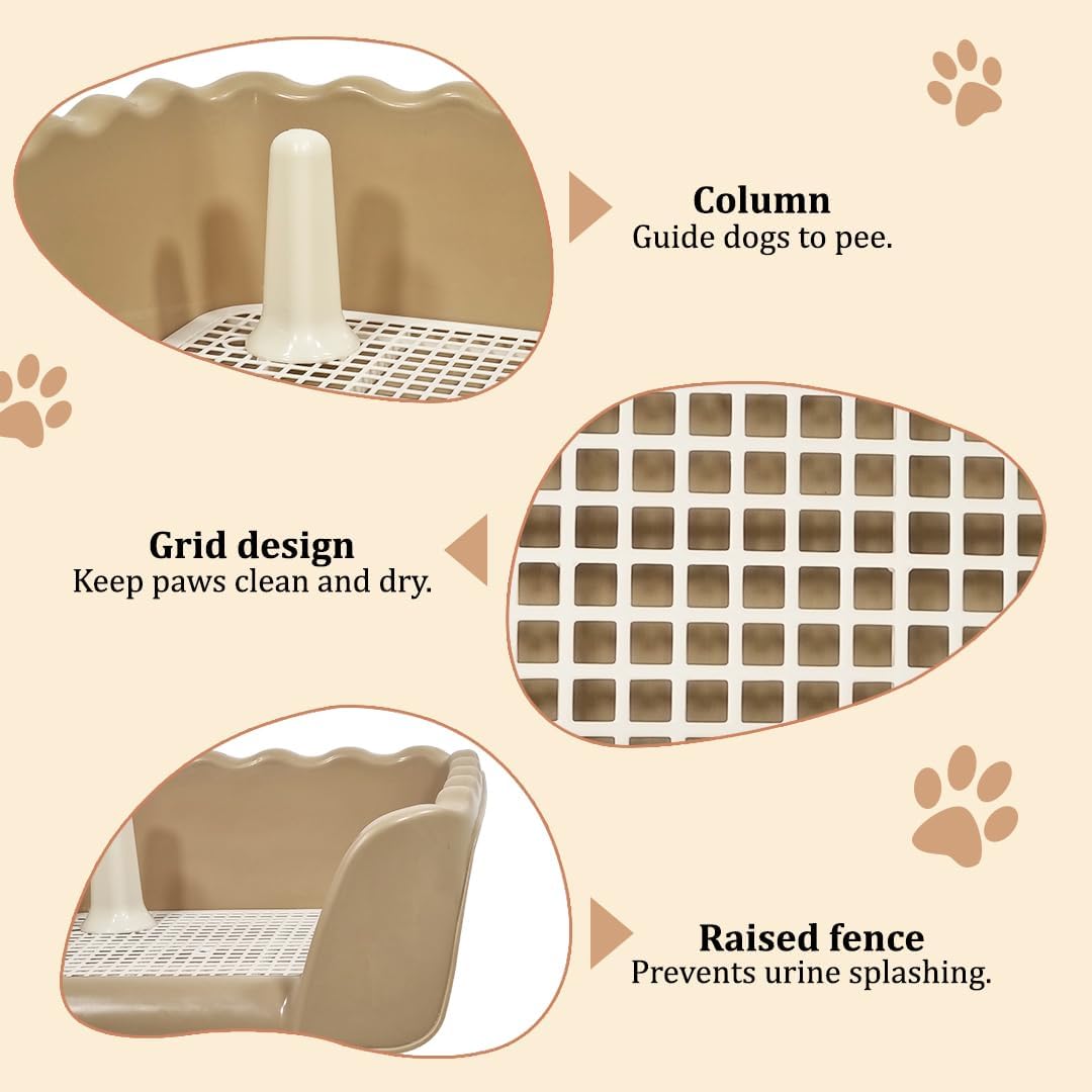 Dog toilet for small to medium dogs, Durable plastic dog potty with Raised fence, Column design, and Removable grid design, Easy training & Mess-free peeing 43 cm (Khaki)