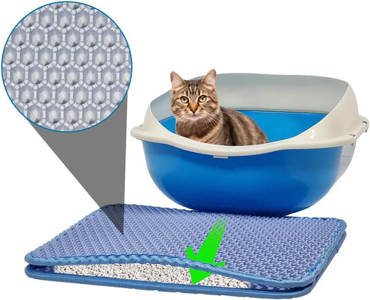 Cat litter mat, Large cat litter box trapping mat, Honeycomb double layer urine & waterproof, Washable easy clean, Scatter control litter mats, Anti-slip bottom, Blue