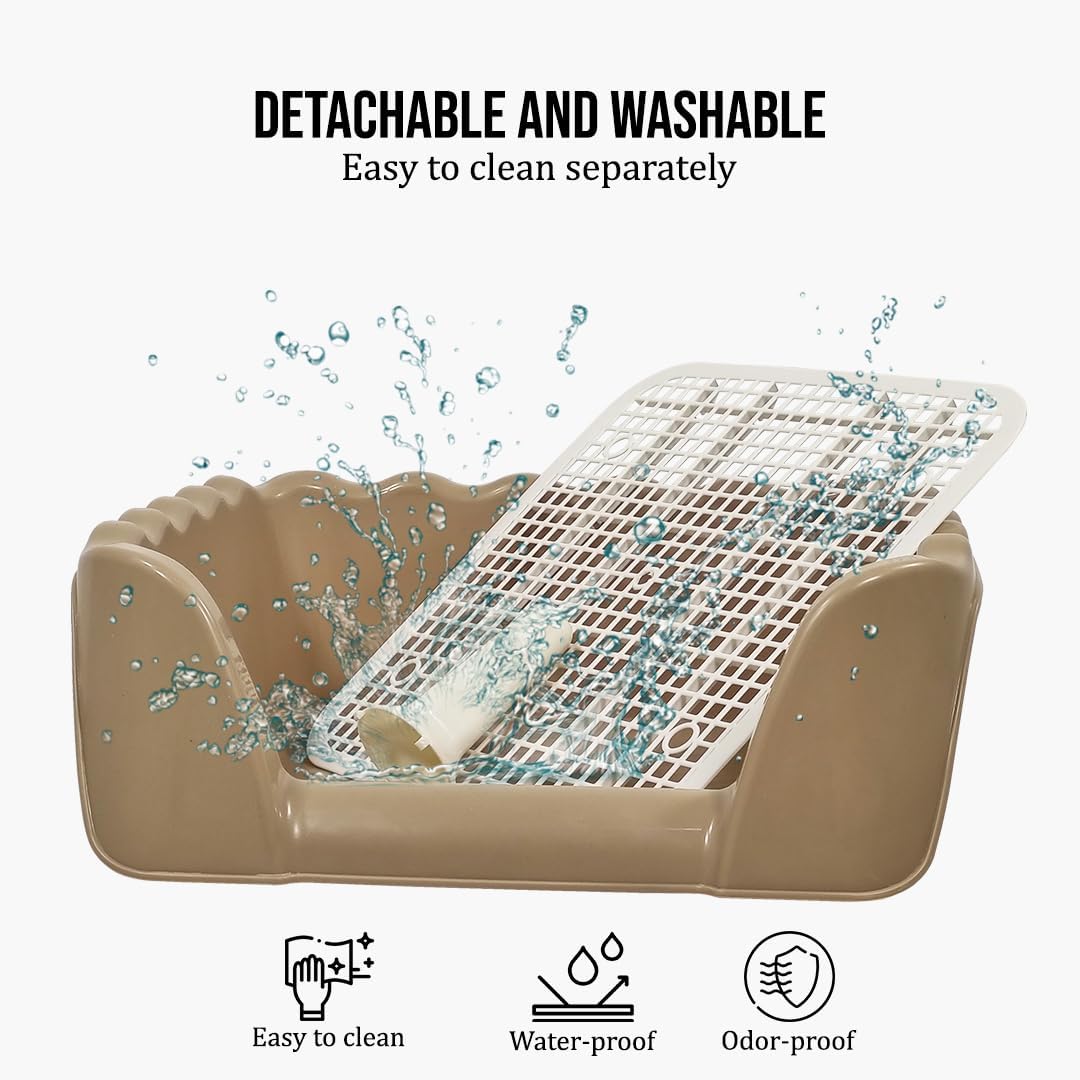 Dog toilet for small to medium dogs, Durable plastic dog potty with Raised fence, Column design, and Removable grid design, Easy training & Mess-free peeing 43 cm (Khaki)