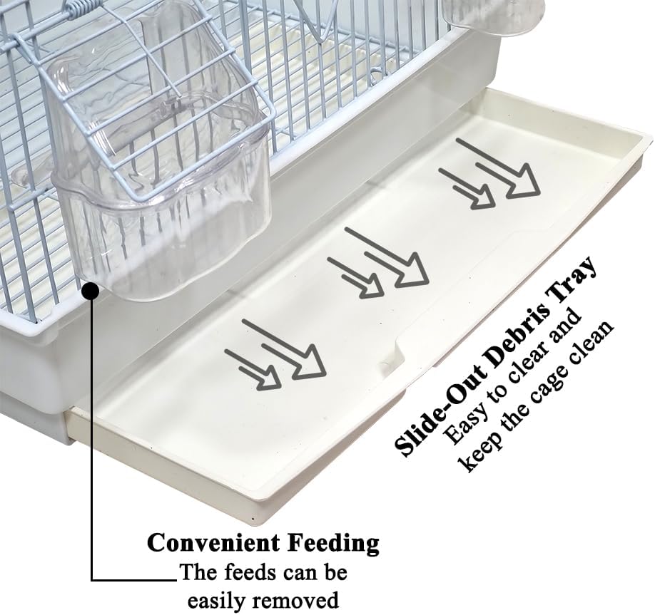 Bird cage for small birds, Durable metal construction bird cage with Portable handle, Swinging perch, Plastic food cups, Perches, and Removable tray, Ideal for indoor & outdoor use 51 cm (white)