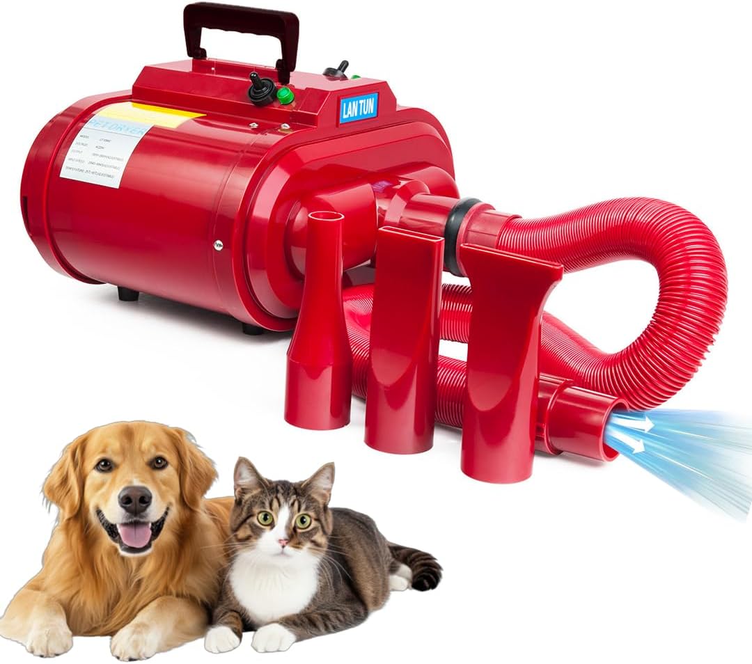 Dog Grooming - Pet Grooming Hair Dryer Vacuum Kit - Dog Hair Dryer, Blower - 240V Powerful with Adjustable Speed & Heat, Low - 3 Nozzles - Portable Handle - ABS Material (Red)