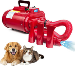 Dog Grooming - Pet Grooming Hair Dryer Vacuum Kit - Dog Hair Dryer, Blower - 240V Powerful with Adjustable Speed & Heat, Low - 3 Nozzles - Portable Handle - ABS Material (Red)