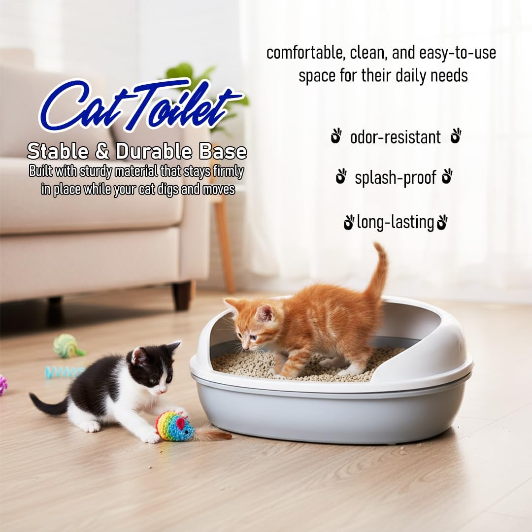Semi open cat litter box with Durable plastic material, Splash guard, Stable base and Air ventilation design, Pet waste tray with Scoop, high fence, Indoor-outdoor use, and Detachable