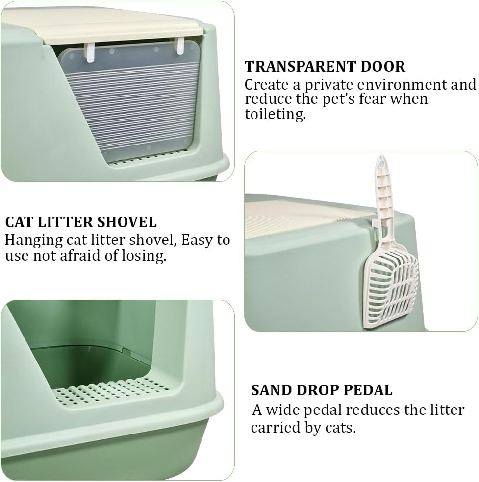 Enclosed cat litter box for Indoor cats & kittens, Durable plastic cat litter box with Transparent door, Litter scoop, and Sand drop pedal, Splash-resistant cat toilet, Easy to clean 65 cm