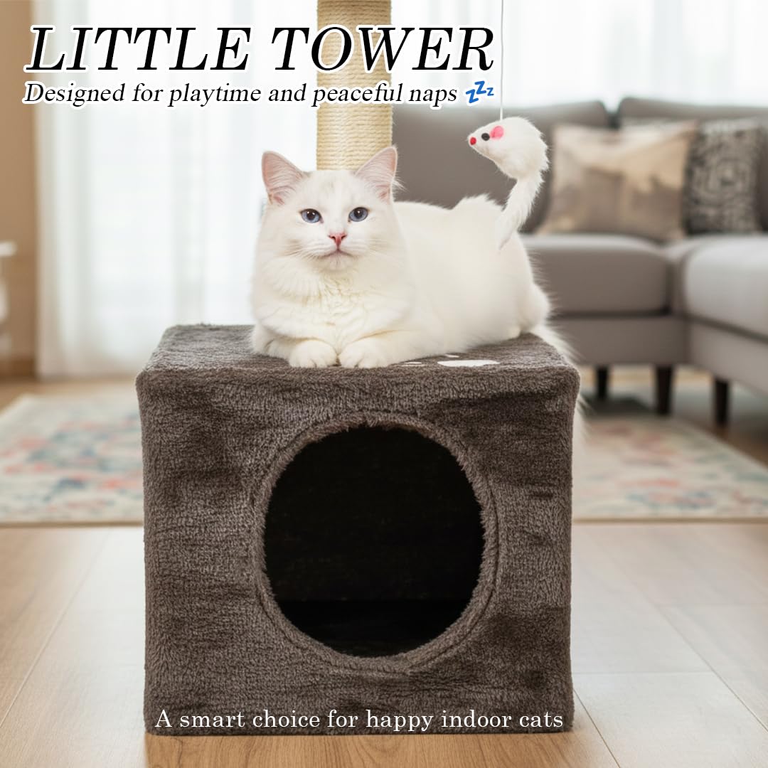 Modern cat tower with Hideaway cave and Hanging ball, Space saving design, Easy to fix and Portable, 59 cm Cat activity tree with Scratching pole, Protect furniture for Indoor cats and kittens