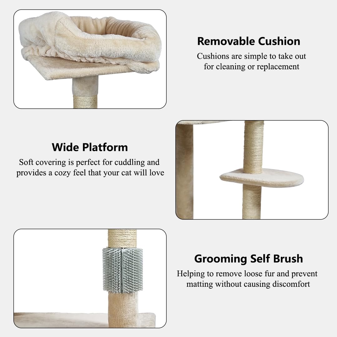 Cat Tree Tower for Big Cats with Double Soft Perches, Cozy Cat Condo, Scratching Post, Spacious Hammock & Self-Grooming Brush, Durable Cat Climbing Frame (Beige, 145 cm)