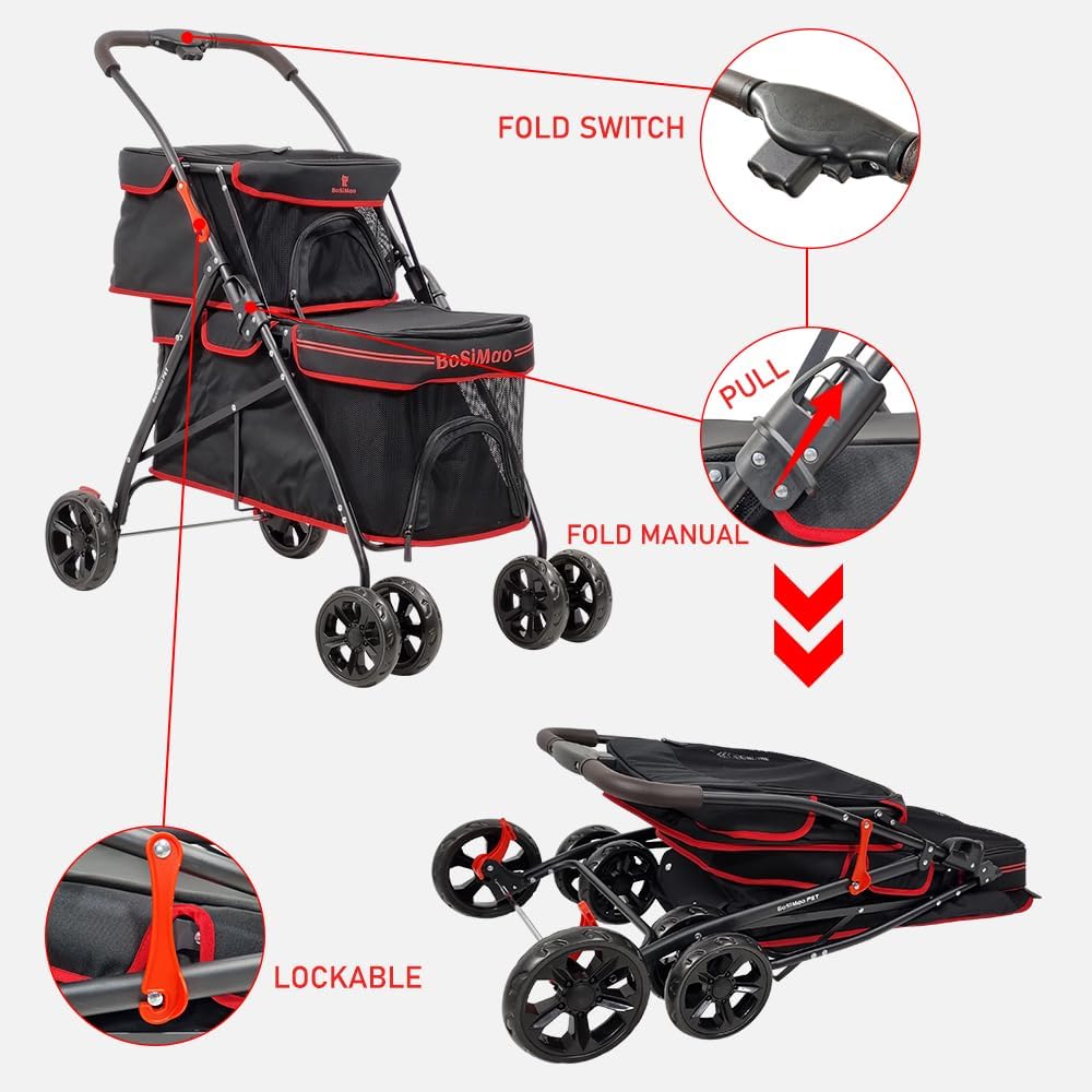 Cat Stroller | Dog Stroller with Adjustable Canopy & Spacious Interior | Pet Stroller for Dog & Cats | Lightweight, Foldable, Storage Bag & Universal Wheels | Travel & Outdoor(Midnight Black)