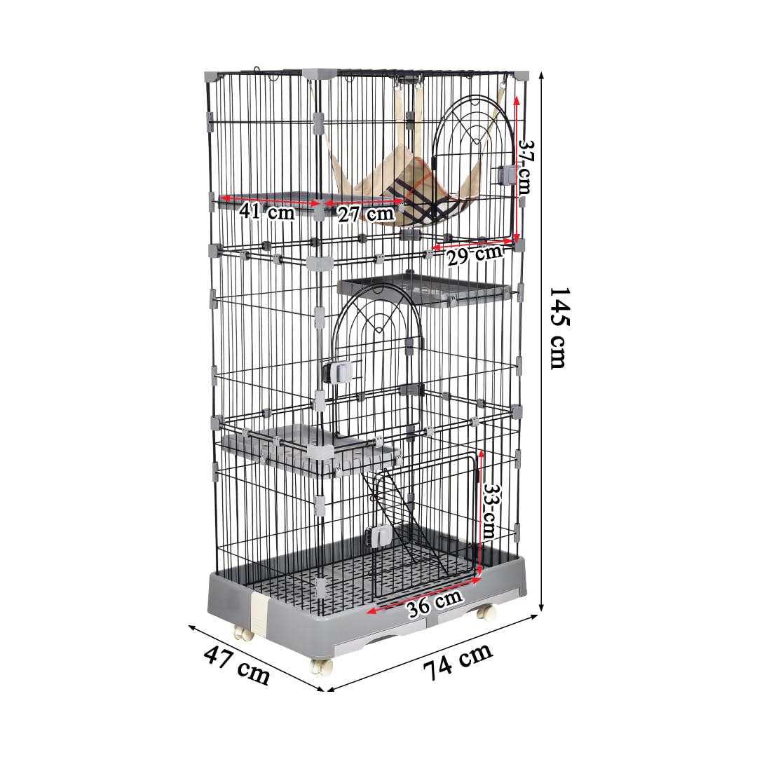 NNC PETS Large Cat Cage Indoor - 3-Tier Metal Wire Cat Crate Kennel with 3 Lockable Doors - Cozy Hammock & Climbing Ladder - Drawer Tray & Universal Wheels, Easy Assembly, 145 cm(Grey, Large)