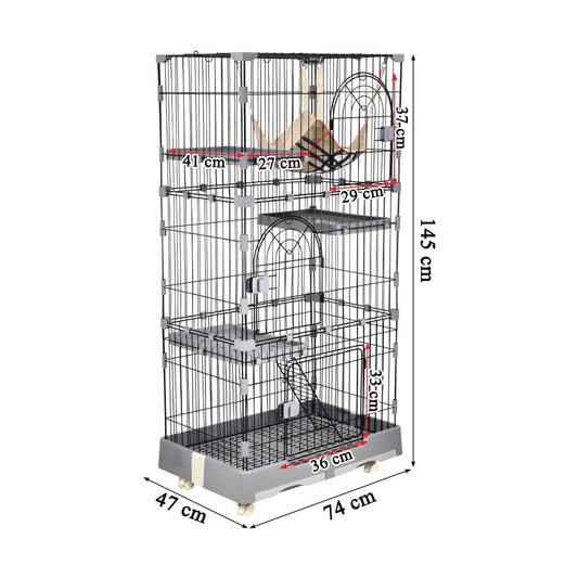 NNC PETS Large Cat Cage Indoor - 3-Tier Metal Wire Cat Crate Kennel with 3 Lockable Doors - Cozy Hammock & Climbing Ladder - Drawer Tray & Universal Wheels, Easy Assembly, 145 cm(Grey, Large)
