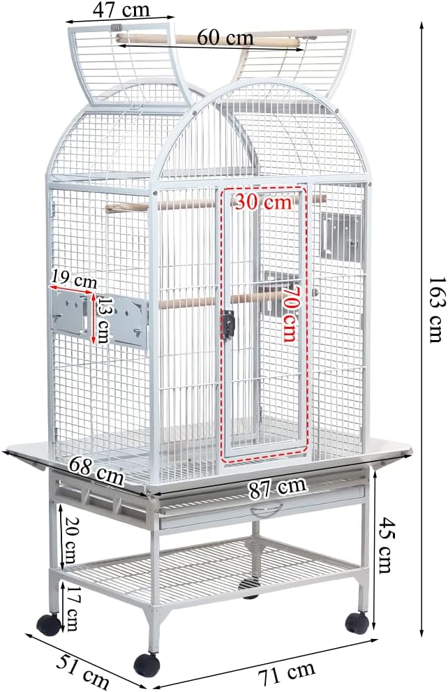 Large parrot cage with Stand, Indoor-Outdoor use, Open play top, Easy-clean tray, Food bowls & Storage shelf, 163 Bird cage with Wheels, Wooden perches, Durable and Metal wire bird cage (White)