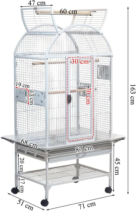 Large parrot cage with Stand, Indoor-Outdoor use, Open play top, Easy-clean tray, Food bowls & Storage shelf, 163 Bird cage with Wheels, Wooden perches, Durable and Metal wire bird cage (White)