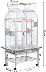 Large parrot cage with Stand, Indoor-Outdoor use, Open play top, Easy-clean tray, Food bowls & Storage shelf, 163 Bird cage with Wheels, Wooden perches, Durable and Metal wire bird cage (White)