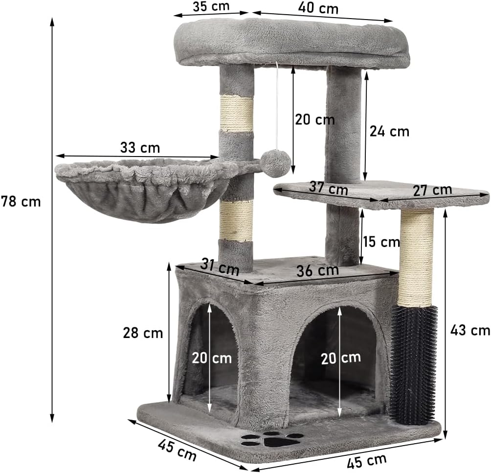 Cat tree activity center with Padded perch, Dangling ball, Cozy hammock, Sisal scratching post, Cozy cat condo, and Self grooming brush, Ideal for kittens and Large cats 78 cm (Grey)