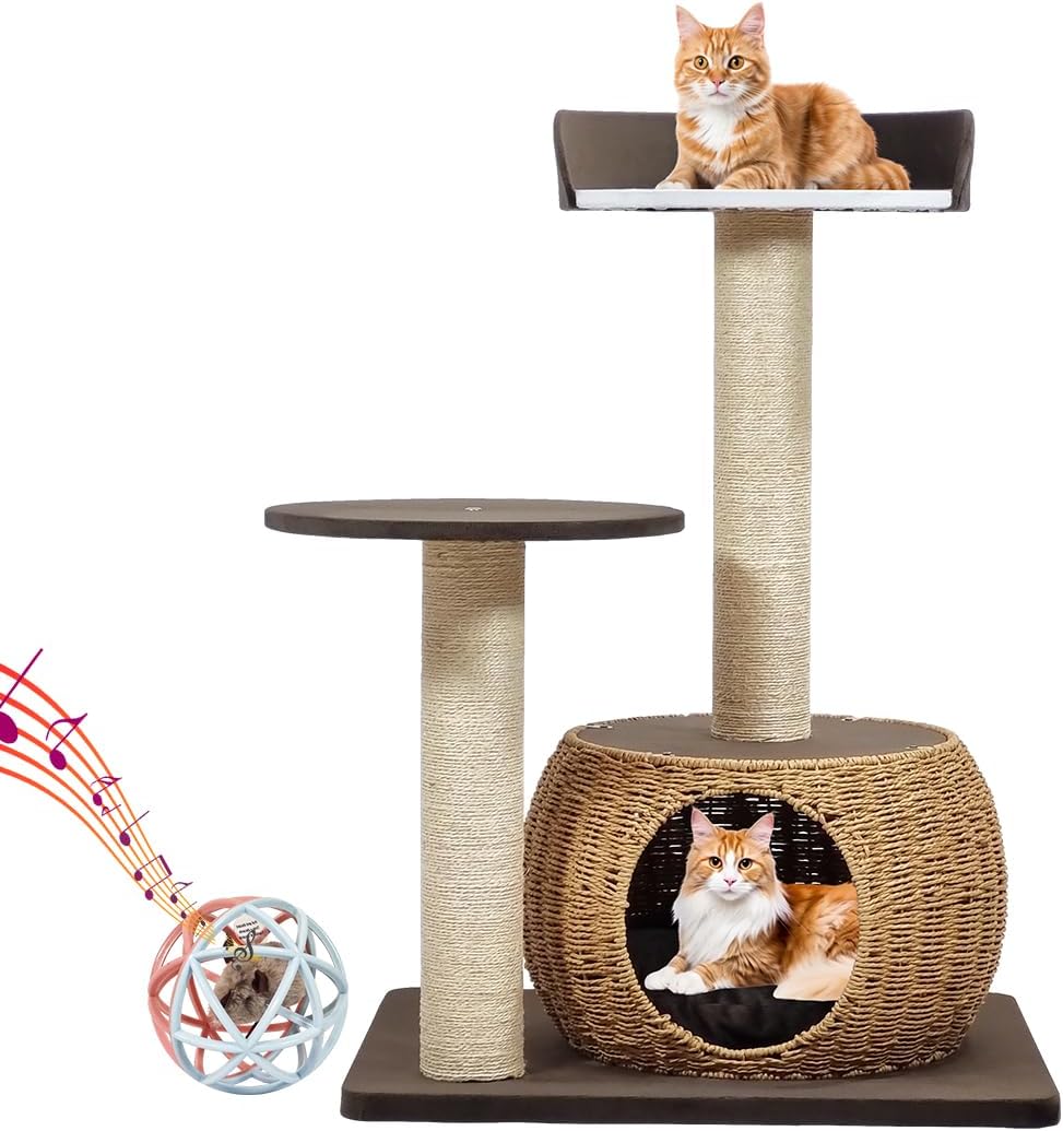 Cat Tree with Double Perches - 86cm Cat Tower House with Toy - Cat Condos & Comfortable Resting Area - Natural Sisal Scratching Post - Suitable for Indoor Cats & Kittens (Brown)