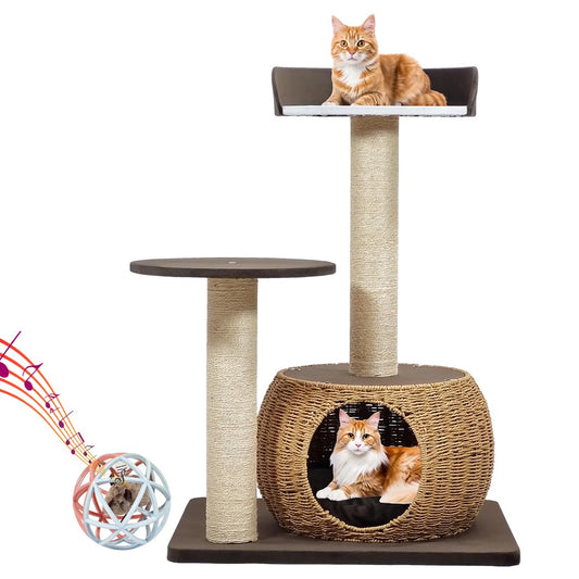 Modern cat tree tower for Indoor cats & kittens, Cat tree activity center with Interactive cat toy, Double perches, Scratching post, and Durable Rattan cat condo, Easy assembly, 86cm (Chocolate)
