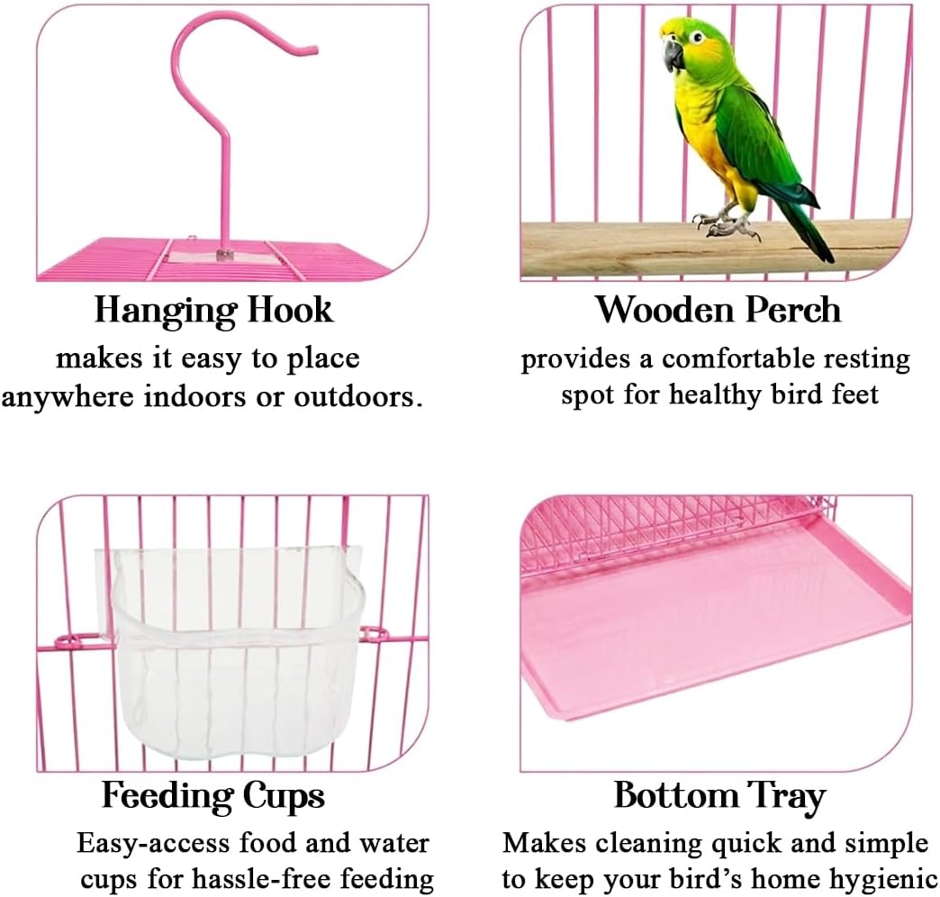 Small Bird Cage with Metal Wire, Ideal for Budgies, Small Parrots, and Parakeets, 45 cm Portable Cage for Indoor-Outdoor, Metal Bird Cage with Hanging, Bottom Tray, Perches, and Feeding Bowls, Pink