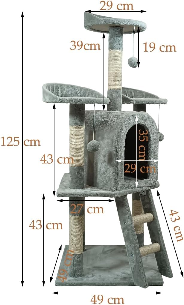 Cat Tree with Curved Perches - 125 cm Cat Tower House - Cat Condos & Cat Scratching Post - Dangling Toys - Premium Pet Tree for Indoor Cats & Kittens - Easy to Assemble (Grey)