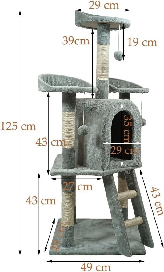 Cat Tree with Curved Perches - 125 cm Cat Tower House - Cat Condos & Cat Scratching Post - Dangling Toys - Premium Pet Tree for Indoor Cats & Kittens - Easy to Assemble (Grey)