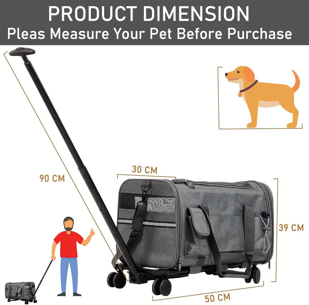 Pet stroller bag, Multifunctional cat & dog rolling luggage bag with Ventilated design, Telescopic handle, Side pockets, Shoulder straps, and Detachable roller wheels, Airline approved 90 cm (Grey)