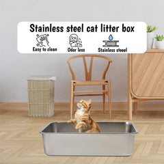 Stainless steel cat litter box with Carrying handle, Smooth edges, and Litter scoop, Rust & Stain resistant cat toilet for Large cats, Ideal for indoor/outdoor use, Easy to clean