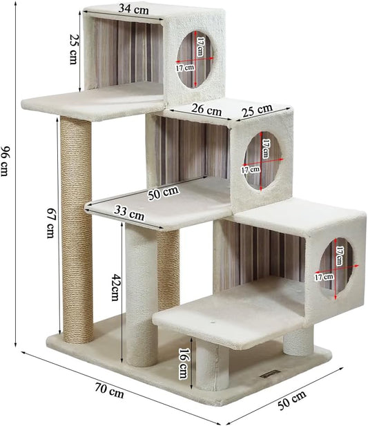 Cat tree with Step design, Soft plush cover, Cat condo and Scratching posts, 96 cm Multi-level cat tower for Indoor cats, Cat climbing furniture and Space saving cat tree (Beige)