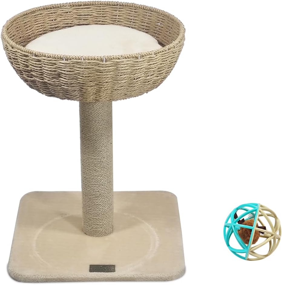 Cat tree for indoor cats, Cat climbing frame with Interactive cat toy, Rattan wicker basket perch, Sisal scratching post, and Sturdy base, Cat tree activity center, Easy to assemble 53 cm (Beige)