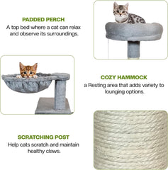 Cat tree with Padded perch, Sisal scratching post, Cozy hammock, Cat condo, and climbing ladder, Modern cat climbing tower for Indoor cats & Kittens, Easy assembly, 143 cm (Grey)
