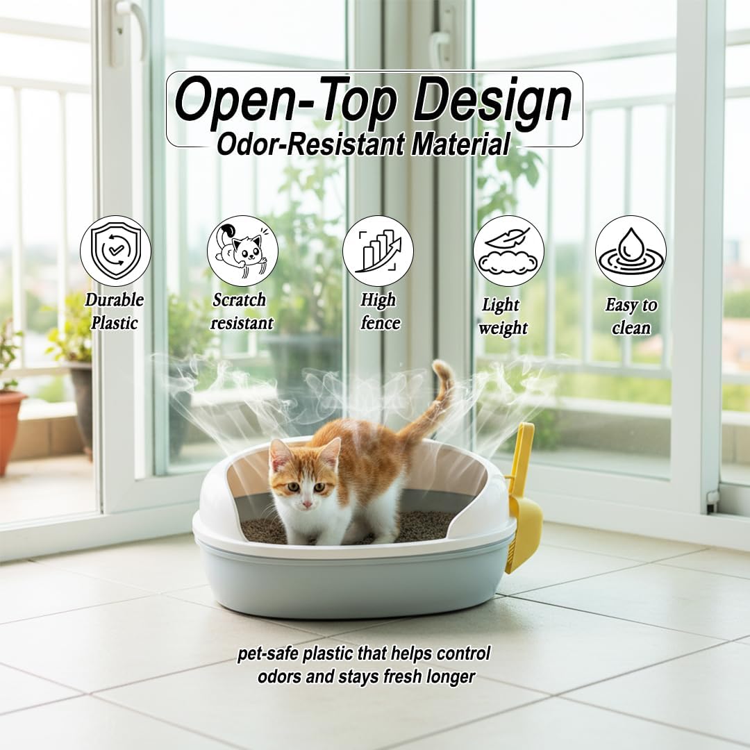 Semi open cat litter box with Durable plastic material, Splash guard, Stable base and Air ventilation design, Pet waste tray with Scoop, high fence, Indoor-outdoor use, and Detachable