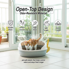 Semi open cat litter box with Durable plastic material, Splash guard, Stable base and Air ventilation design, Pet waste tray with Scoop, high fence, Indoor-outdoor use, and Detachable