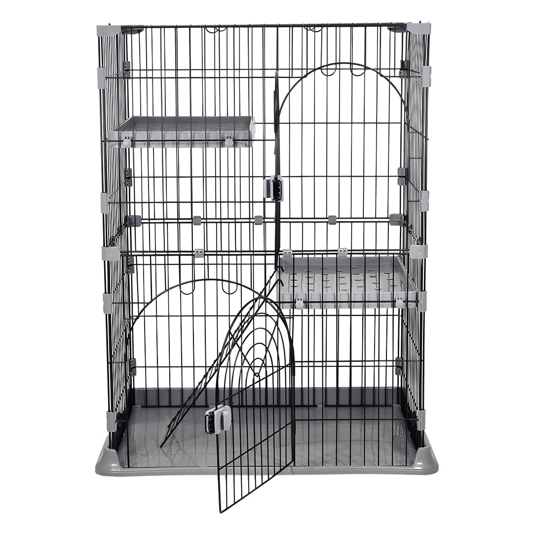 NNC PETS Cat Cage Kennel with 2-lockable Doors - 2-Tiier Metal Wire Pet Cat House Playpen for Indoor Cats - Cozy Hammock, Climbing Ladder, Drawer Tray & Universal Wheels, Easy Assembly (Grey, 108 cm)