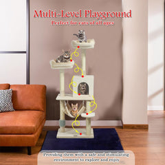 Cat Tree Tower for Big Cats with Double Soft Perches, Cozy Cat Condo, Scratching Post, Spacious Hammock & Self-Grooming Brush, Durable Cat Climbing Frame (Beige, 145 cm)