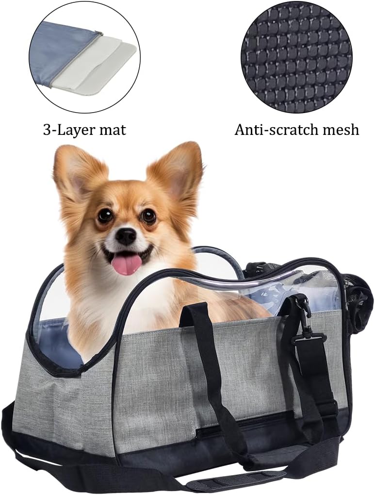 Cat Carrier Bag with Open Top Cover - Pet Travel Carrier with Carry Handle, Adjustable Shoulder Strap, Pockets & Safety Inside Leash - Breathable Mesh - Ideal for Dogs & Cats (Grey, 50cm)