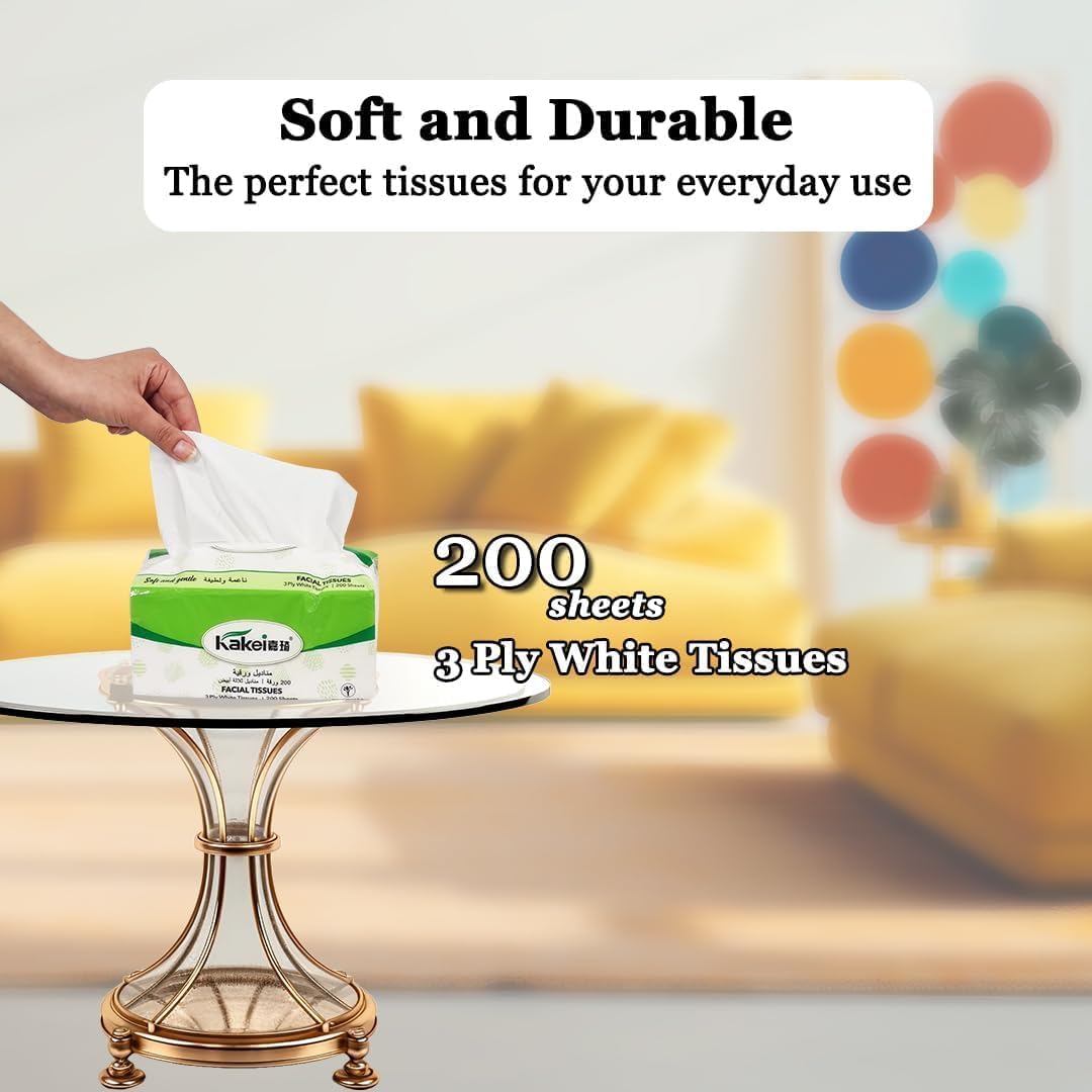 5Pcs Tissue paper with 3ply, Natural wood pulp, and Eco-friendly material, Durable absorbent facial tissue for Home, Travel, Restaurant, and Office, Soft & strong for Wet/Dry use, 200 sheets (White)