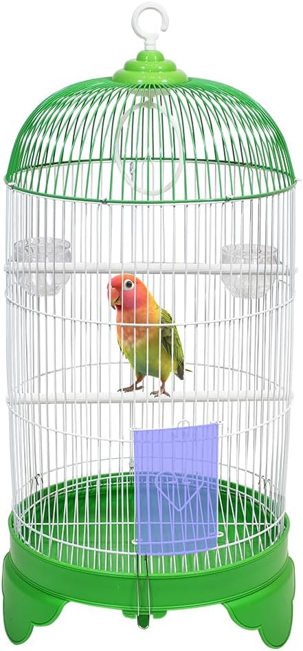 Round Bird Cage with Plastic Base, Metal Wire, Feeding Bowls, Swing, and Perches, 73 cm Travel Portable Cage for Parakeets, Canaries, and Small Birds, Indoor Outdoor Use, Convenient hook (GREEN)