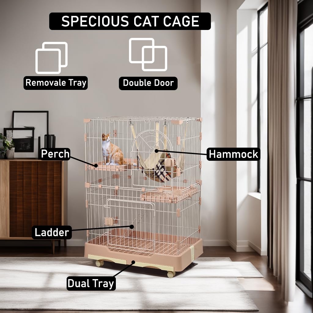 NNC PETS Large Cat Cage Indoor with Cozy Hammock - 2-Tier Metal Wire Cat Crate with 2 Lockable Doors - Climbing ladder, Removable Tray & Universal Wheels - Easy Assembly, 102 cm (Pink, Medium)