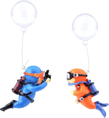 Fish Tank Decorations | 2 Pack Floating Scuba Diver Ornaments with Bubble Balloons | Aquarium Decorations for Freshwater & Saltwater Tanks | Diver Figurines for Fish Tank (Orange, Blue)