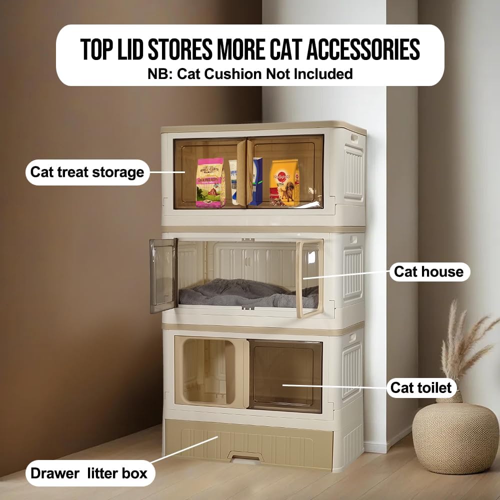 Cat cabinet, Durable 3-layer cat combination litter box with Storage area, Sleeping area, Cat toilet, and Rolling wheels, Durable plastic cat litter box, Ideal for indoor/outdoor use 115 cm