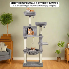 Cat tree for indoor cats, Multi-level cat climbing frame with Double perches, Dangling ball, Sisal scratching post, Cozy cat condo, and Large hammock, Easy to assemble 163 cm (Grey)