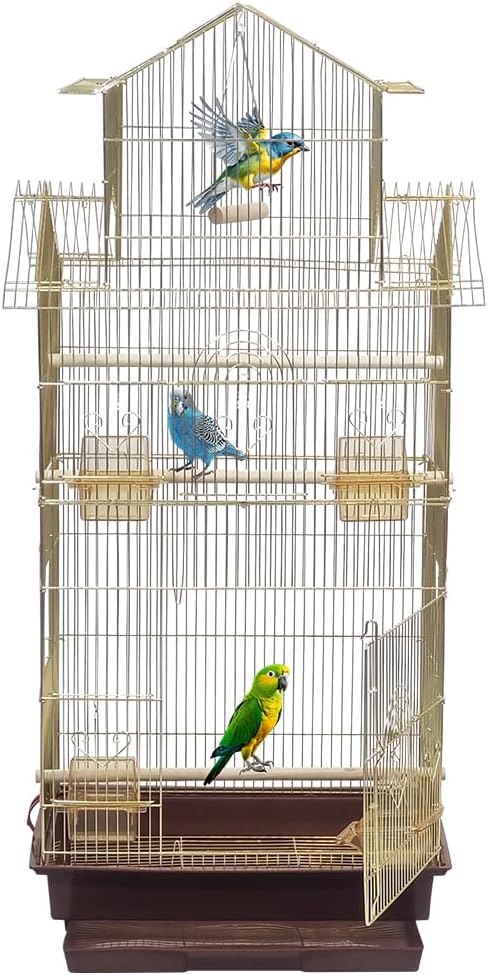 Golden bird cage with Removable tray, Food container and Perches, 104 cm Metal bird house for small to medium birds, Portable cage with Swing, Convenient Handle and Indoor-Outdoor Cage