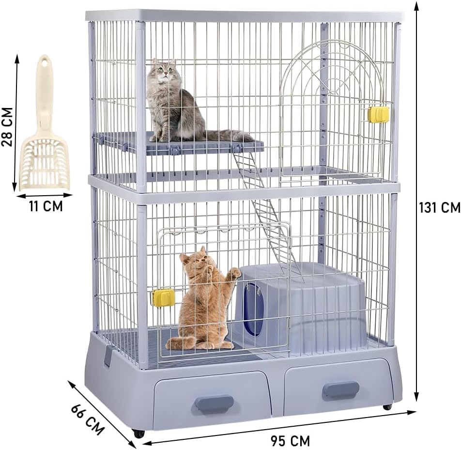 Cat cage enclosure with 2 Lockable doors, Wide platform, Climbing ladder, Litterbox area, and Universal wheels, Durable metal wire cat cage for indoor/outdoor use, Easy to assemble 130 cm (Blue)