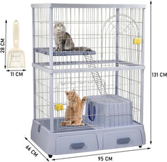 Cat cage enclosure with 2 Lockable doors, Wide platform, Climbing ladder, Litterbox area, and Universal wheels, Durable metal wire cat cage for indoor/outdoor use, Easy to assemble 130 cm (Blue)