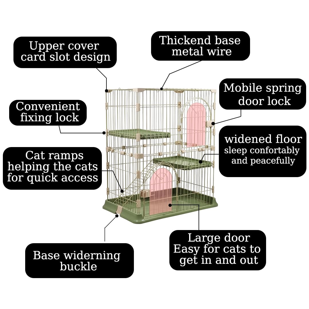 NNC PETS Cat Cage Kennel with 2-lockable Doors - 2-Tiier Metal Wire Pet Cat House Playpen for Indoor Cats - Cozy Hammock, Climbing Ladder, Drawer Tray & Universal Wheels, Easy Assembly (Green, 88 cm)