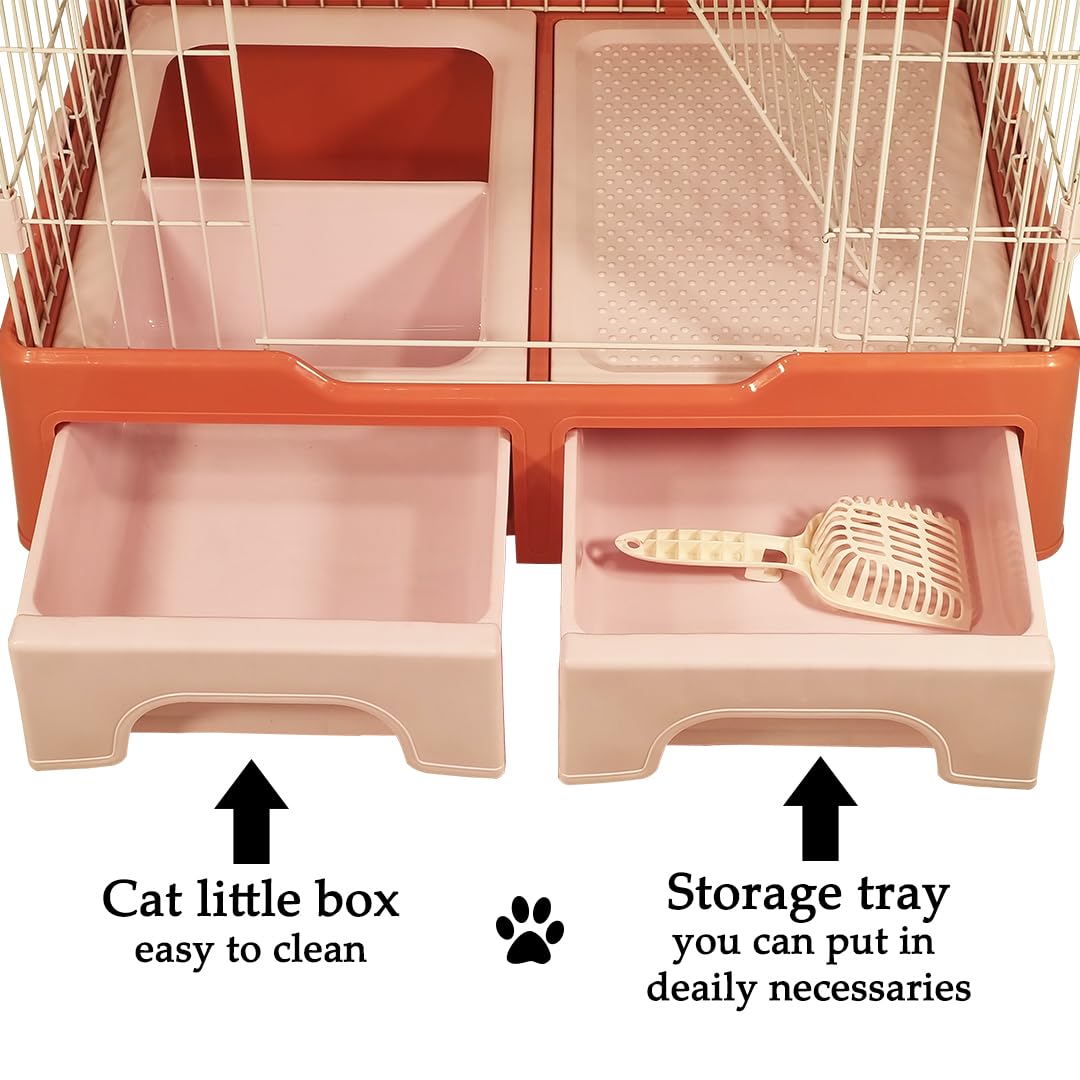 Cat Cage Playpen for Multi-Cat Household, 3-Tier Cat Cage with Cozy Hammock, Wide Platform, Climbing Ladder, Build-in Litter Box & Universal wheels, Ideal for Indoor/Outdoor Use 133 cm (Pink)