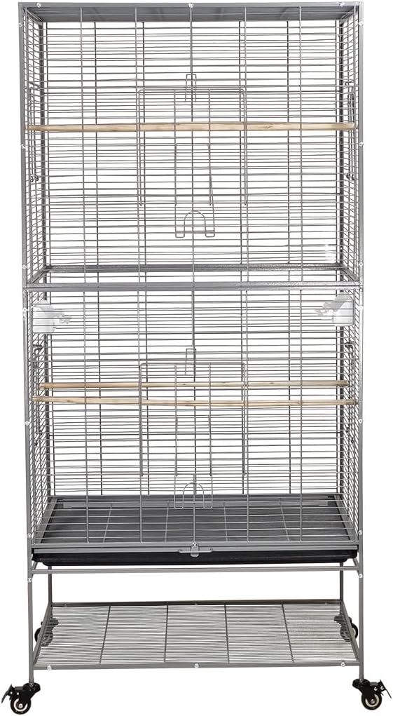 Large bird cage, Durable design and Steel wire, Removable tray and Multiple access doors, Wood perches and Food bowls, Small and medium birds, Universal wheels with brakes 168 cm (Grey)