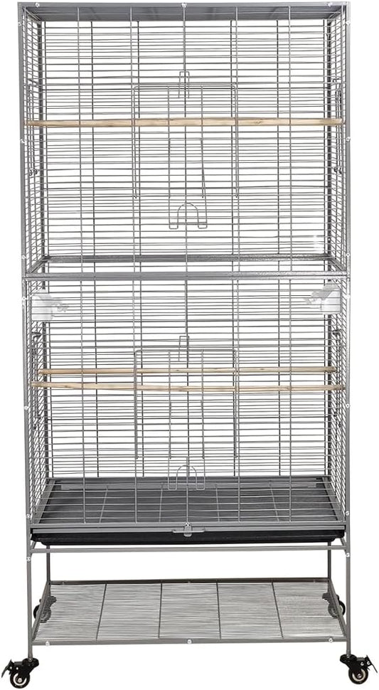 Large bird cage, Durable design and Steel wire, Removable tray and Multiple access doors, Wood perches and Food bowls, Small and medium birds, Universal wheels with brakes 168 cm (Grey)