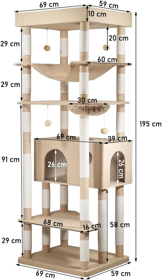 Tall Cat Tree Tower with Large Top Perch - Dangling Ball, Cozy Hammocks, Cat Scratching Posts and Durable Cat Condo - 195 cm Cat Activity Center for Climbing & Playing (Khaki)