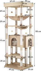 Tall Cat Tree Tower with Large Top Perch - Dangling Ball, Cozy Hammocks, Cat Scratching Posts and Durable Cat Condo - 195 cm Cat Activity Center for Climbing & Playing (Khaki)