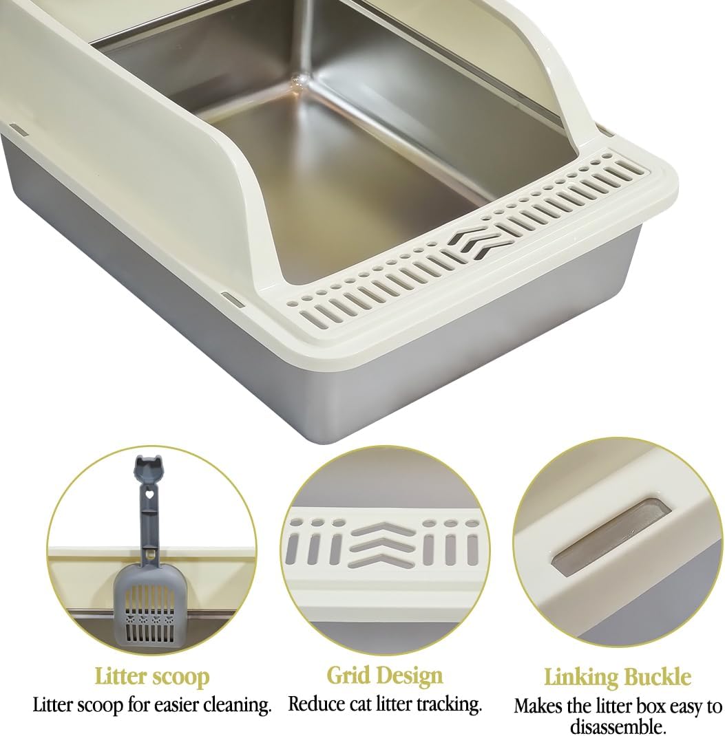 Semi-enclosed stainless steel cat litter box with a Litter scoop, Grid design, and High wall side cover, Durable litter box for Indoor cats, Detachable design for easy cleaning, 50 cm